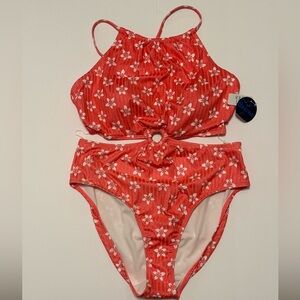 NWT ~ Decree CORAL with White Flowers One Piece Swimsuit Adult ~ XL